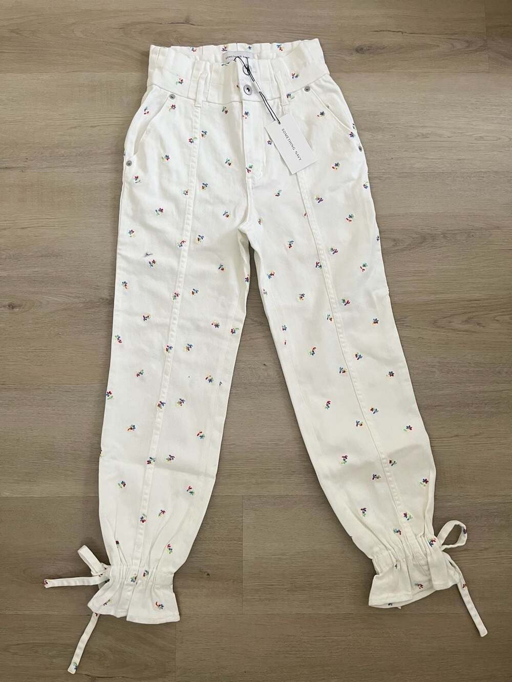 Something Navy Sylvia White Floral Embroidered Denim Pants with Tie Cuffs